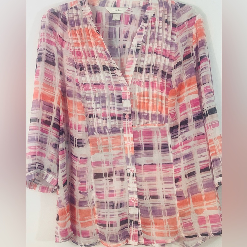 CJ Banks 1X Semi Sheer Abstract Plaid Blouse Pink Purple Coral Lightweight Top